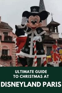 Pinnable image showing Mickey Mouse at Disneyland Paris at Christmas